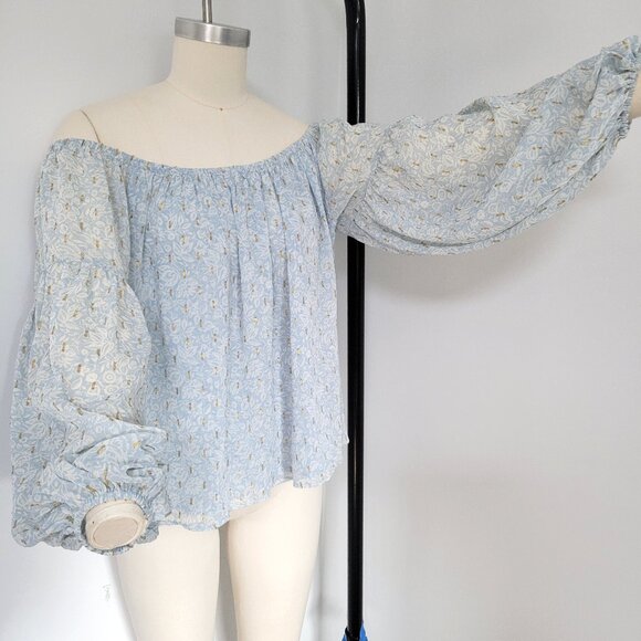 Express Off Shoulder Balloon Sleeve Boho Sheer Blouse Blue Floral Size Large NWT - Picture 1 of 9